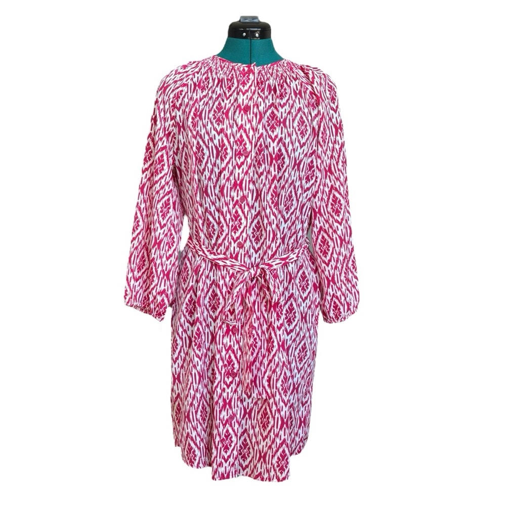 Anthropologie MAEVE Pink Red Ikat Chevron Print Button Down Belted Dress